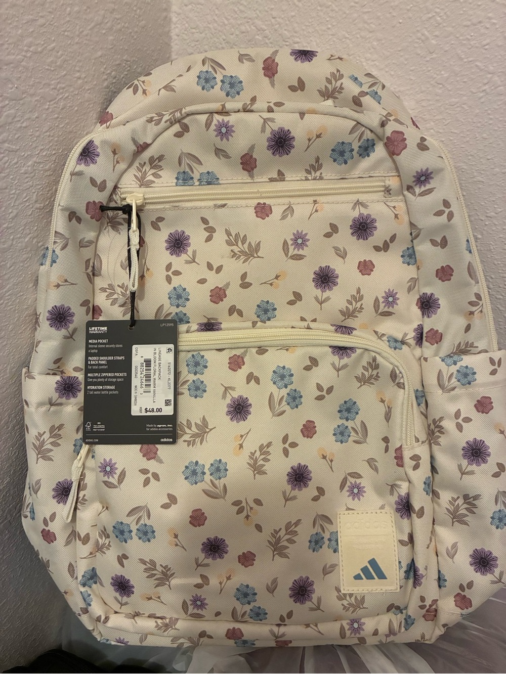 adidas Cream Floral Backpack with Purple & Blue Blooms - Picture 1 of 2